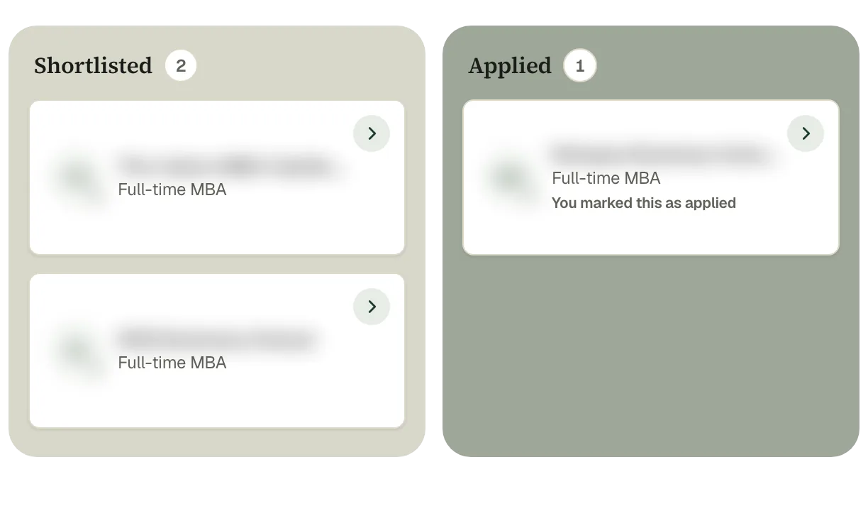 Application board with programmes in the shortlisted and applied lanes, the school names blurred